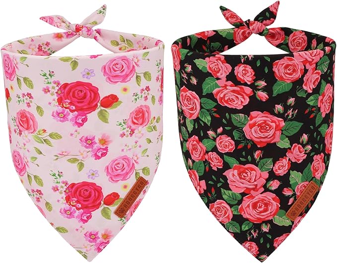 ADOGGYGO Floral Dog Bandana 2 Pack, Reversible Red Pink Rose Puppy Scarf Bib, Adjustable Fit Cute Floral Bandanas for Small Dogs Pets (Small)