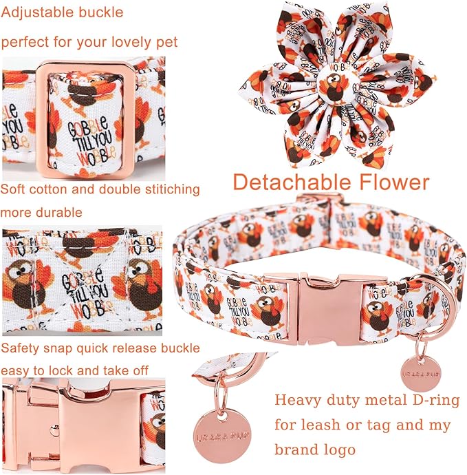 Thanksgiving Dog Collar with Flower, Turkey Cotton Flower Collar for Puppy Girl Dog or Cat, Autumn Flower Collar with Durable Metal Buckle, Thanksgiving Pet Collar, L, Neck 16-24in