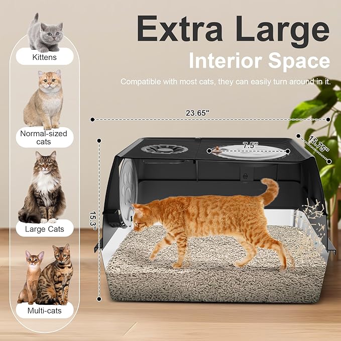 Stainless Steel Litter Box with Lid, XL Extra Large Litter Box, Enclosed Top Entry Metal Litterbox for Big Cat, Easy Cleaning, Anti-Leakage & High Sided with Mat, Aisle & Scoop Black
