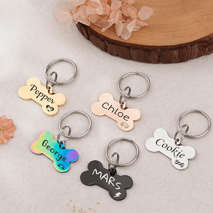 Anavia Small Size Dog Cat ID Tags, Small/XS Personalized Color Plated Stainless Steel Puppy Kitten Name Tags, Customized Engraved Nameplate Pet Collar Tag (Rainbow, Bone)