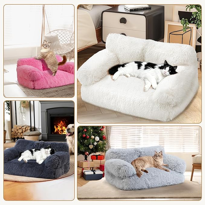 Large Cat Beds for Indoor Cats, Dog Couch Bed, Cute Cat Couch Sofas for Less 20lbs Kitten Puppy, Small Dog Sofas & Chairs with Removable Washable Cover, Soft Warm Pet Furniture, Plush Pink