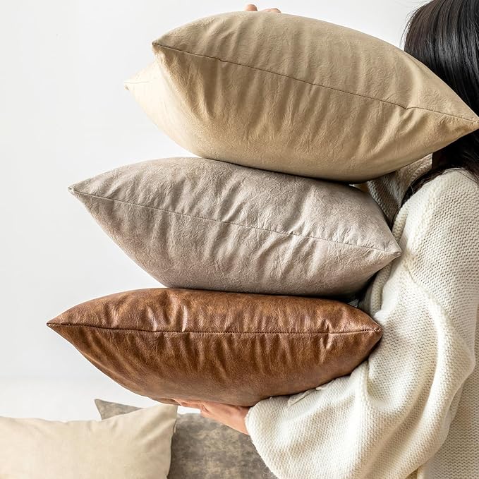 Oversized Leather Pillow Covers Vintage Decorative, Pack of 2 Square Rustic Abrasion Floor Cushion Covers, for Home Decor Outdoor Waterproof Pet Hair Resistant Pillow Covers 26x26 Olive Green