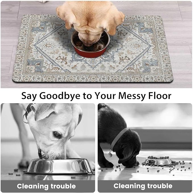 Dog Food Mats for Floors, Absorbent and Quick-Drying Pet Cat Food Mat,Anti-Fouling and Easy-to-Clean Pet Feeding Mat,Dog Bowl Mat for Messy Drinking Water Bowls.12 x20, Bohemia Style