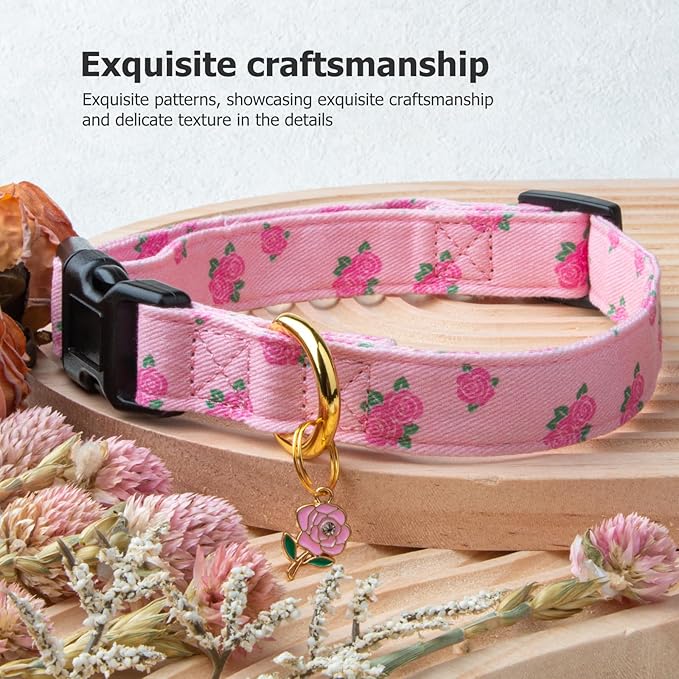 Cotton Handmade Dog Collar Cute and Distinctive Patterns Pink Rose with Pendant for Girl Boy Dogs Collars L