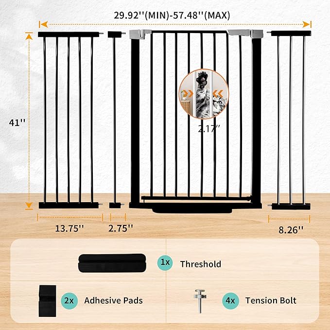 41" Tall Safety Pet Gate,Adjustable 29.92"-57.48" Wide,No Drilling Pressure Mount Kit,Auto Close Cat Gate Suitable for Stairs,Doorways,Black (Black, 29.92"-57.48" W)
