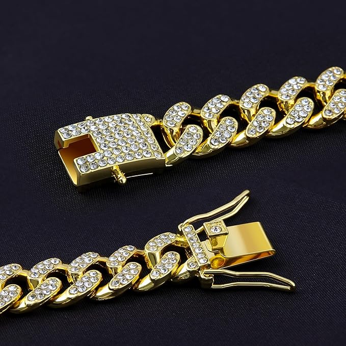 Dog Chain Designer Gold Crystal Pet Collar Cuban Link Chain with Secure Buckle Luxury Adjustable Necklacefor Small Medium Large Dogs Cats(Glod 14inch)