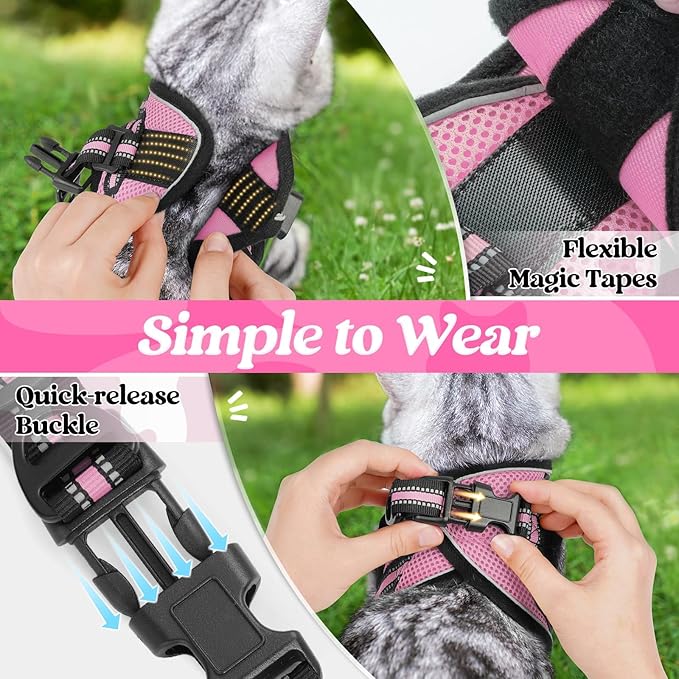 rabbitgoo Cat Harness and Leash Set for Walking Escape Proof, Adjustable Soft Kittens Vest with Reflective Strip for Cats, Comfortable Outdoor Vest, Pink, L