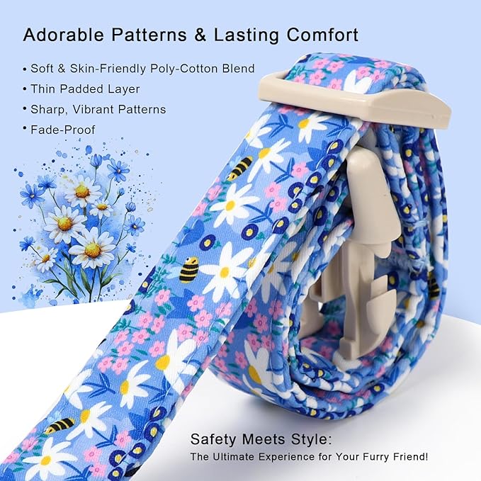 Floral Dog Collar for Large Dogs - Cute Spring Dog Collars, Soft Lightweight Bee & Daisy Puppy Collar, Breathable Adjustable Male Female Blue Wildflowers Dogs Collars XL