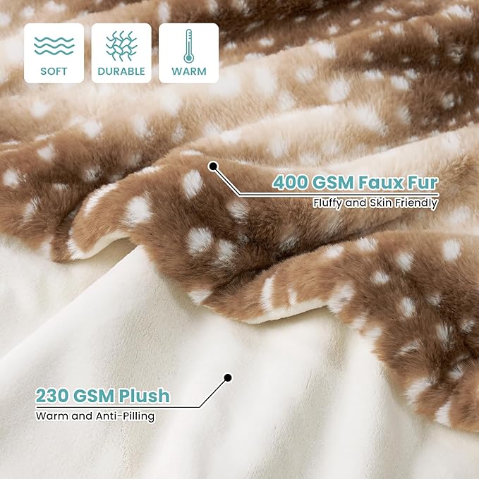 Luxury Faux Fur Blanket Deer Print, Waterproof Pet Blanket Washable, Woman Sofa Bed Couch Throw, Liquid Pee Proof for Large Dog or Cat, Reversible, Super Soft, 50x60 inch, Brown