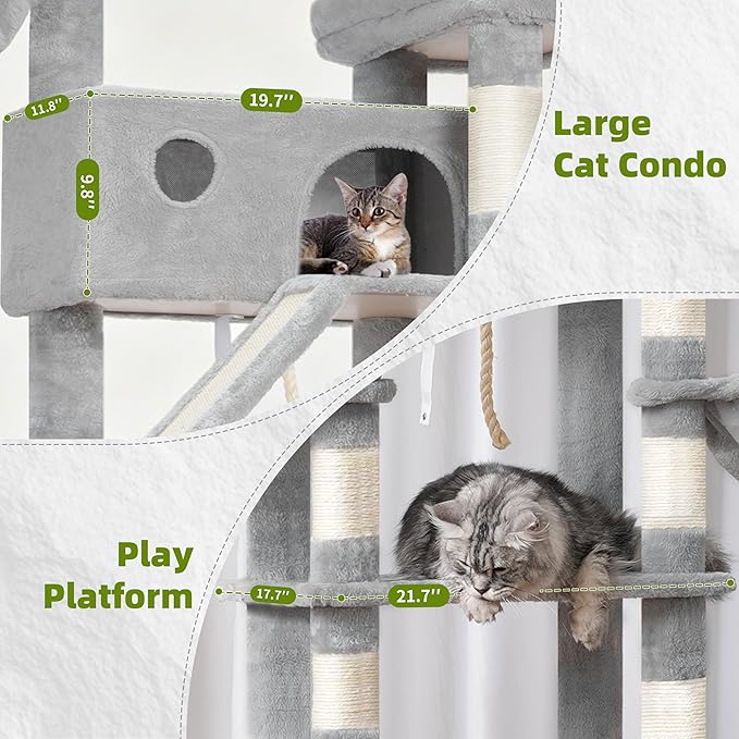 Cat Tree for Large Cats, 78.7"(200cm) Tall Cat Tower for Indoor Cats Multiple Cats with Large Top Perch, Cat Condo, Cat Hammcok, Cat Scratching Post, Light Gray GCT031W