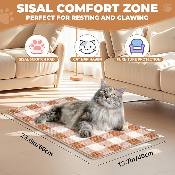 Cat Scratcher Mat, 23.6x15.7 Inch Natural Sisal Cat Scratch Pad, Horizontal Cat Scratching Pad Rug for Indoor Cats with Sticky Tapes, Protect Couch & Carpets（Coffee White）