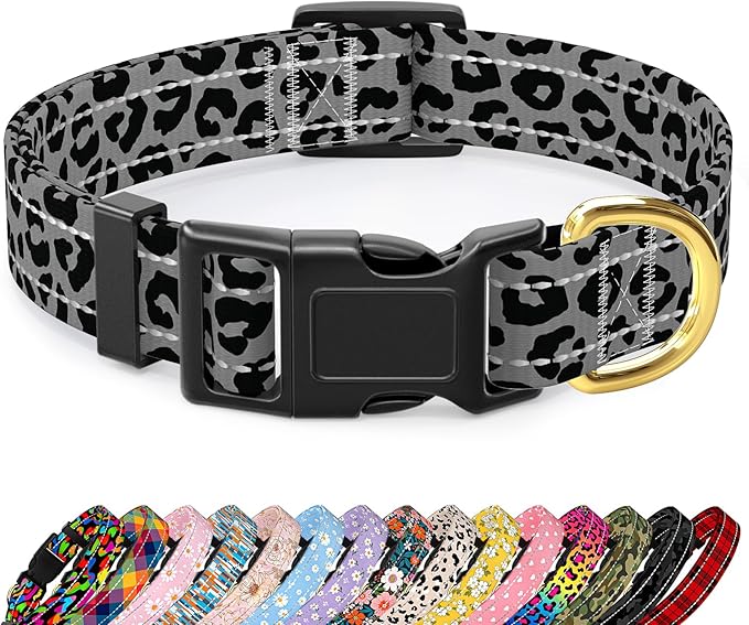Reflective Dog Collar for Small Dogs Cats, Cute Leopard Style Adjustable Heavy-Duty Nylon Puppy Collar for Boy and Girl Female, Soft Pet Accessories with Quick Release Buckle, Gray
