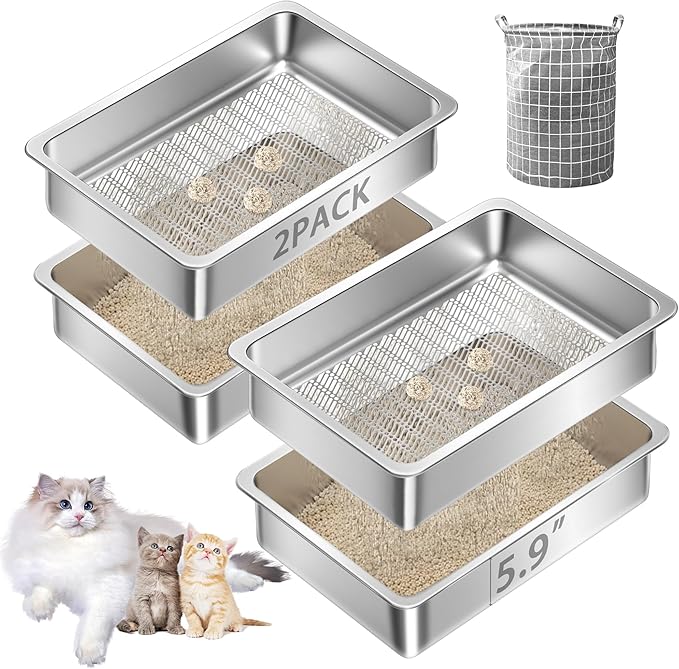 Teheao 2 Pack Stainless Steel Sifting Cat Litter Box for Clumping Litter, Kitty Large Metal Sifter Tray Pan with Cat Litter Bag, Low Dust, Odor Control, Easy Cleaning (15.7"*11.8"*5.9")