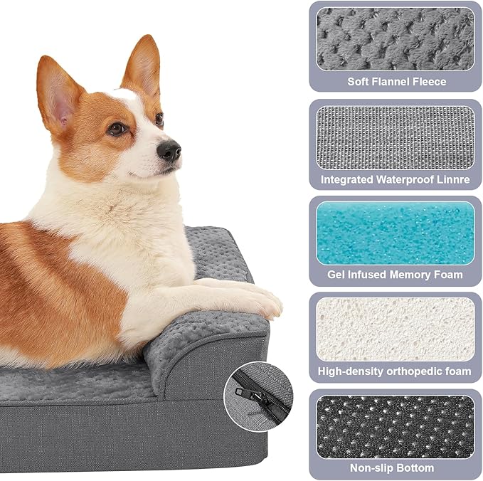 Orthopedic Dog Beds for Large Dogs, Memory Foam Dog Beds Large Sized Dogs, Washable Removable Cover, Nonskid Bottom, Waterproof, for Indoor, Outdoor, Crate ＆ Car Use, 44x32x6 Inches, Dark Grey