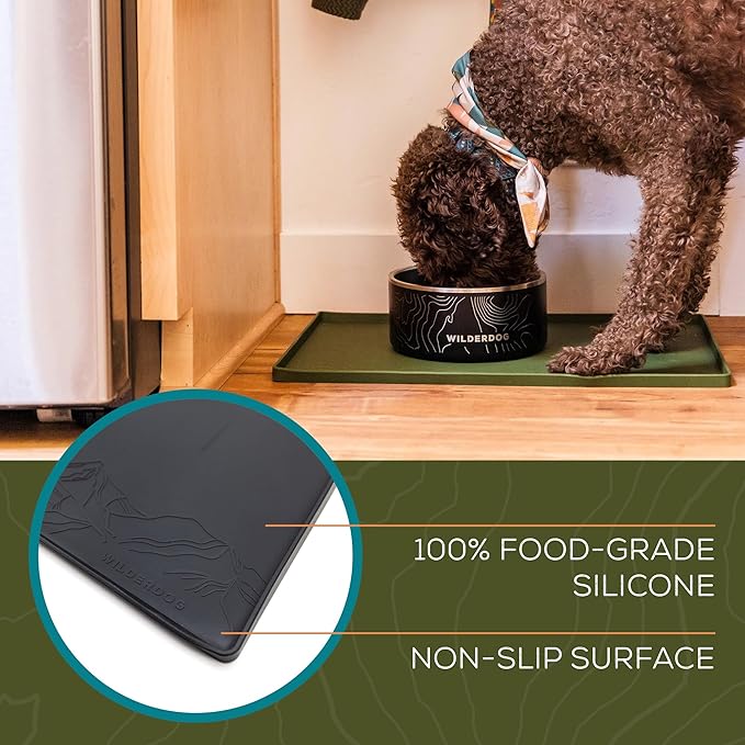 Wilderdog Silicone Pet Placemat Made with 100% Food-Grade Silicone Cone, BPA, PVC, and Phthalate-Free. Non-Toxic, Dishwasher Safe Feeding mat for Bowls with Spill Catcher and Raised Mountain Logo