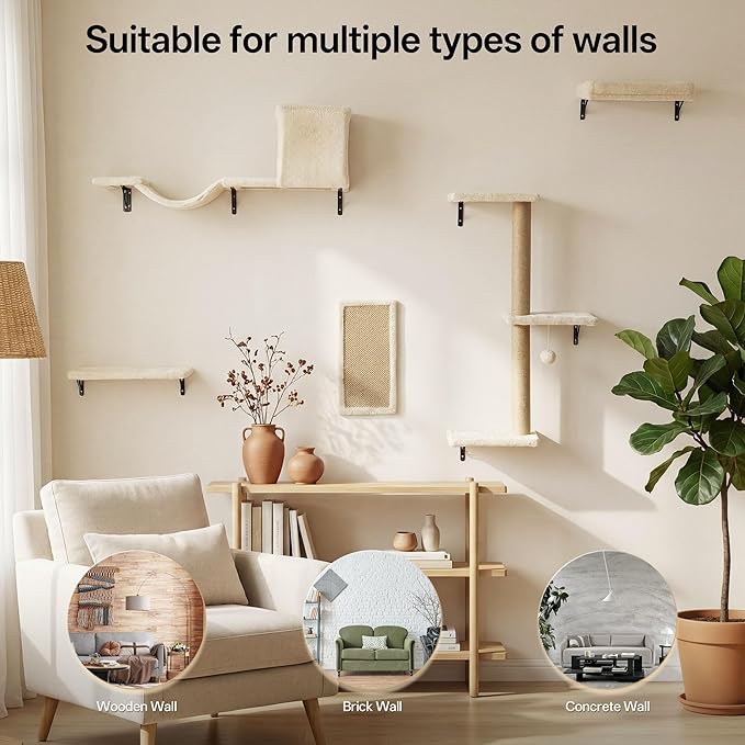 MEWANG 5-in-1 Cat Wall Shelves: Cat Climbing Furniture with Wall Mounted Perch & Lounge for Indoor Cats, Space-Saving Wall Pet Shelves for Play & Rest - Beige (White)