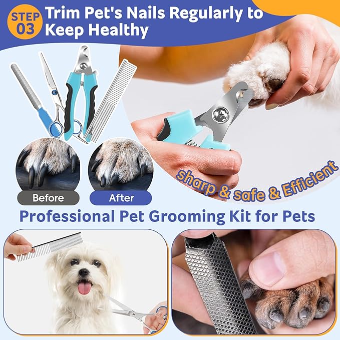 Dog Brush for Shedding 13pcs Bath Grooming Kit with Pet Nail Clipper and File - Dog Bath Brush Cat Grooming Supplies, Dematting Comb Bath Brush Shampoo Scrubber for Dogs and Cats