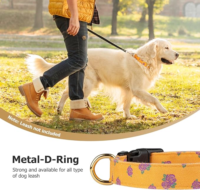 Cotton Handmade Dog Collar Cute and Distinctive Patterns Yellow Rose with Pendant for Girl Boy Dogs Collars S