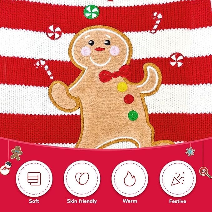 Dog Christmas Sweater Xmas Pet Clothes Cute Striped Gingerbread Man Costume Holiday Puppy Cat Jumpers Outfits New Year Gifts for Small Medium Large Dogs(Red Gingerbread Man,XS)