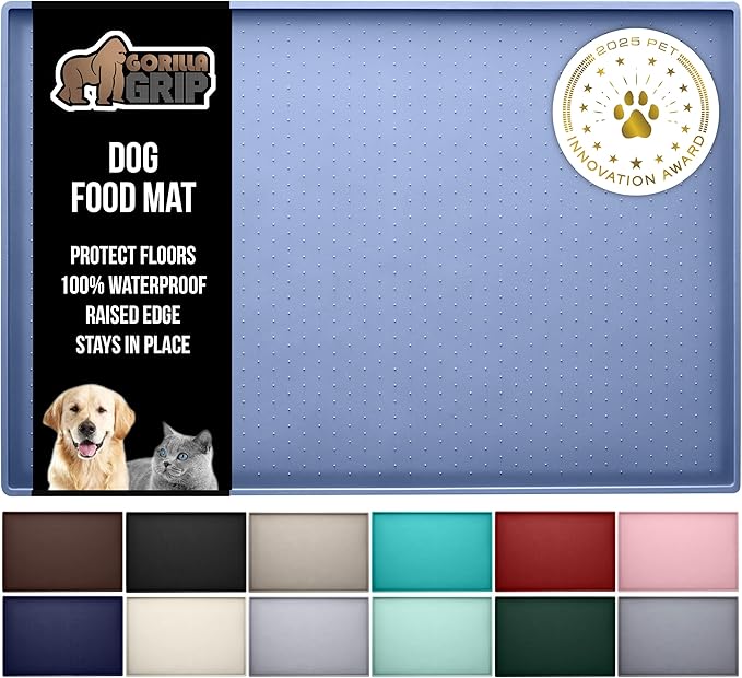 GORILLA GRIP 100% Waterproof Raised Edge BPA Free Silicone Pet Feeding Mat, Dog Cat Food Mats Contain Spills Protects Floors, Placemats for Cats and Dogs Water Bowl, Pets Accessories 18.5x11.5 Blue