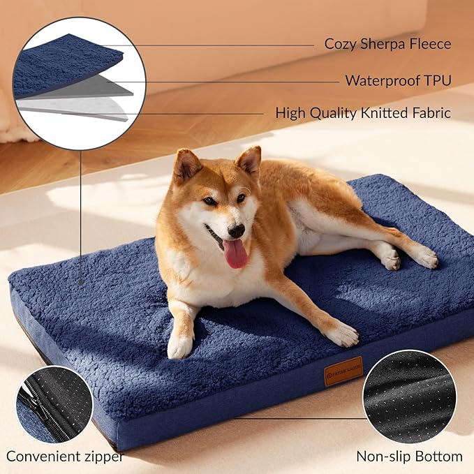 Patas Lague Orthopedic XL Dog Bed Large Sized Dog 48''X30'', Soft Waterproof Egg Crate Foam Large Pet Crate Beds Mat with Removable Washable Cover and Non-Slip Bottom, Navy Blue