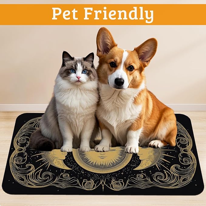 Dog Bowl Mat,Moon Sun Pet Feeding Mat for Floors Waterproof,Boho Vintage Absorbent Dogs Placemat for Food and Water Quick Dry Pet Cat Feeding Mats with Non Slip Bottom 12" x 20"