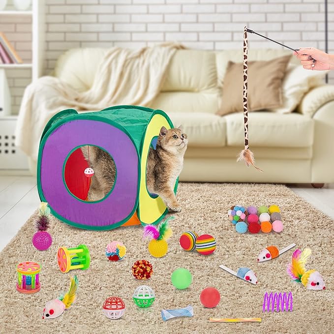 Retro Shaw 33Pcs Cat Toys for Indoor Cats Kitten, Collapsible Play Tunnel with Interactive Feather Wand, Bell Balls, Springs & Plush Mice Tent for Boredom Relief, Exercise & Kitty Hunting Instinct