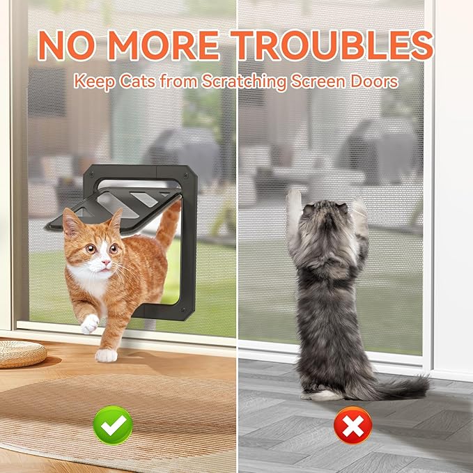 LIBBEPET Cat Door for Screen Door, Lockable Cat Screen Door for Cats & Small Dogs Up to 20 lbs, Magnetic Flap Opening 7 x 9 inches, Equipped with Interactive Cat Toy & Installation Tools, Black