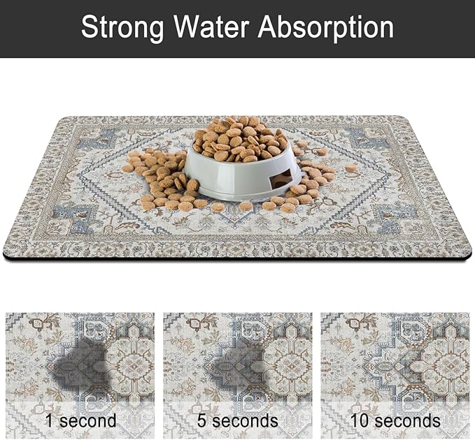 Dog Food Mats for Floors, Absorbent and Quick-Drying Pet Cat Food Mat,Anti-Fouling and Easy-to-Clean Pet Feeding Mat,Dog Bowl Mat for Messy Drinking Water Bowls.12 x20, Bohemia Style