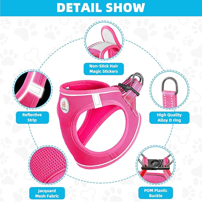 Hipubby Dog Harness and Leash Set, No Pull Soft Mesh Puppy Harness for Small Medium Dogs, Cats - Step in Reflective Breathable Lightweight Vest Harness for Walking, Training - Rose Red, XS