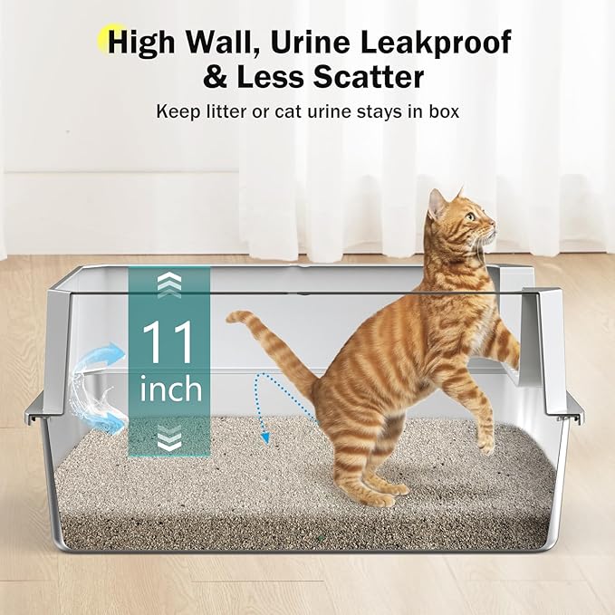 Stainless Steel Litter Box, Extra Large Litter Boxes for Big Cats, XLarge Metal Cat Litter Box with Lid, Anti-Urine Leakage XL Box with High Sides, Easy Clean, Non-Sticky, Scoop Included