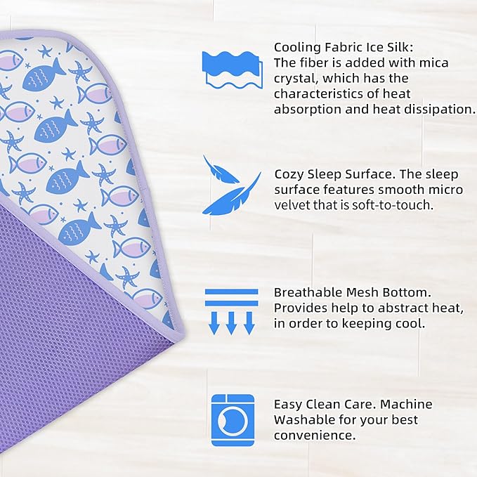 NWK Pack of 4 Pet Cooling Mat - Ice Silk Cooling Mat for Dogs & Cats Portable & Washable Pet Cooling Blanket, Car Seats, Beds for Summer (4pcs, Purple Fish, 20’’ X 16’’ X 0.3)