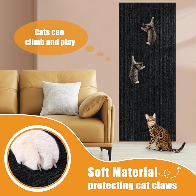 Cat Scratching mat Self-Adhesive, Trimmable Furniture Protector for Couch, Sofa, Wall & Cat Trees - Durable Scratch Pad with Nano Tape, DIY Climbing Carpet for Indoor Cats (Black, 23.6"x15.8")