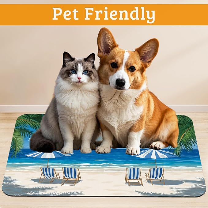 Pet Feeding Mat,Sea Beach Absorbent Dog Cat Food Mat Palm Tree Dog Mat with Rubber Backing,Non-Slip Water Bowl Placemat,Pet Supplies 12" x 20"