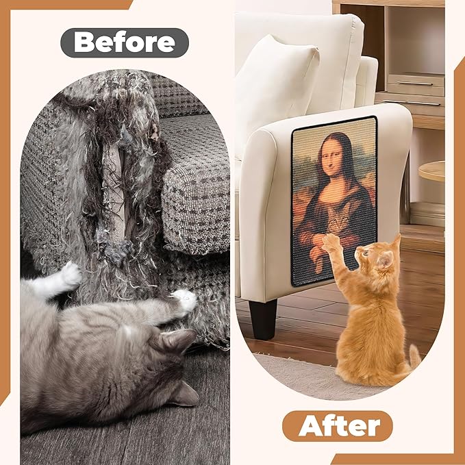 Sisal Cat Scratcher Mat, Cat Wall Scratcher for Indoor Cats, 23.6x15.7 Inch Cat Scratch Pad with Hook & Loop, Wall Mounted Cat Scratching Post to Protect Couch and Carpet（Mona Lisa）