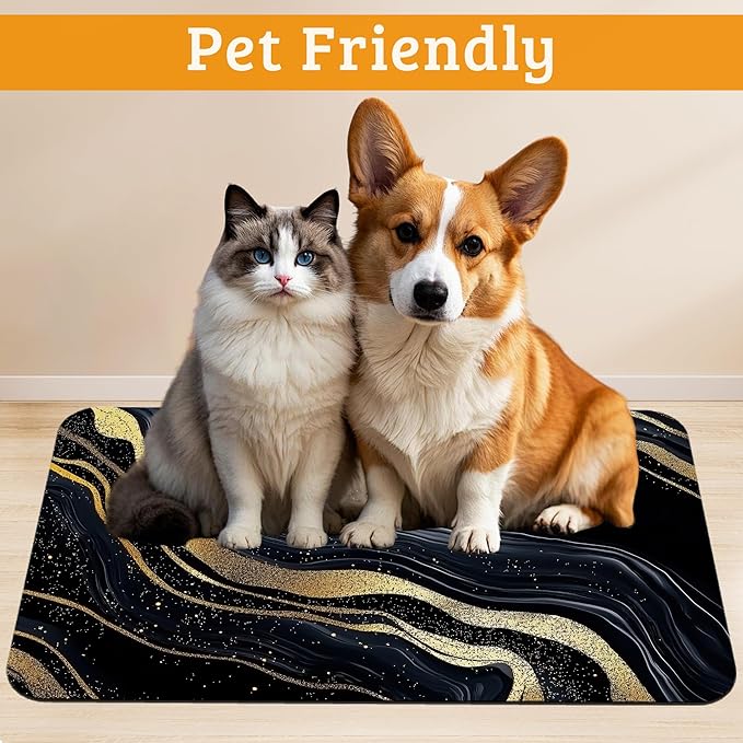 Dog Bowl Mat,Abstract Marbled Pet Feeding Mat for Floors Waterproof,Gold Black Absorbent Dogs Placemat for Food and Water Quick Dry Pet Cat Feeding Mats with Non Slip Bottom 16" x 24"