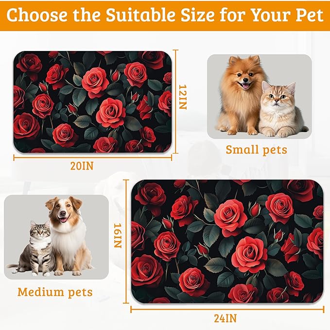 Retro Rose Feeding Mat,Green Leaf Absorbent Quick-Dry Cat Dog Food and Water Bowl Mats,Non-Slip Rubber Backing Mat,Cat Dog Accessories Supplies 16" x 24"