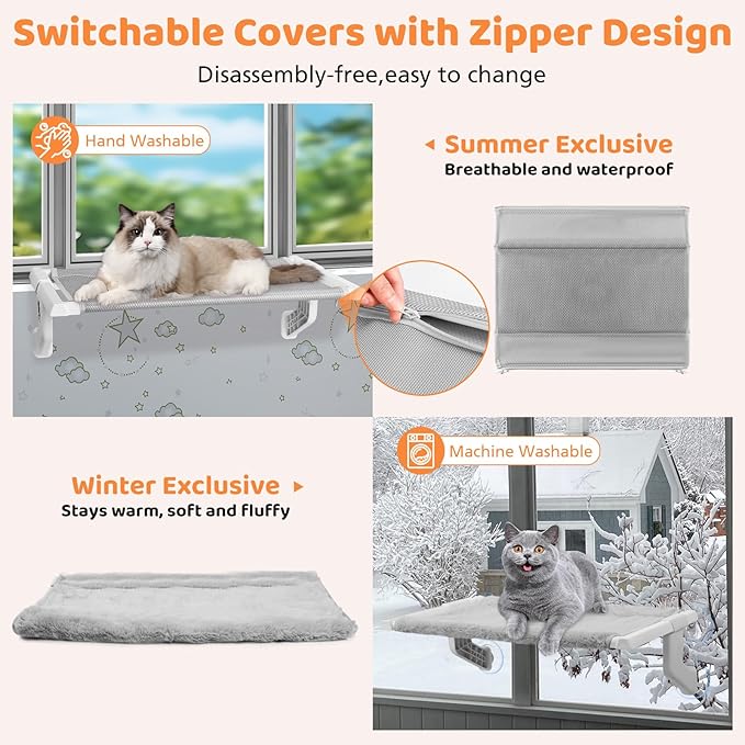 2 in 1 Cat Window Perch,Cat Window Hammock with Metal Sliding Clamping Adjustment,Removable Two Fabrics Cover,4 Suction Cups,Window Beds for Indoor Cat(26"x13")