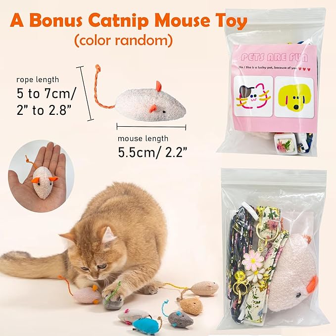 2 Pack Cotton Breakaway Cat Collars Set with Bell and Flower Pendant, Cute Floral Fruit Patterned, Adjustable 7.5-11Inch, Include A Mouse Toy Gift (Yellow+Navy Flower)