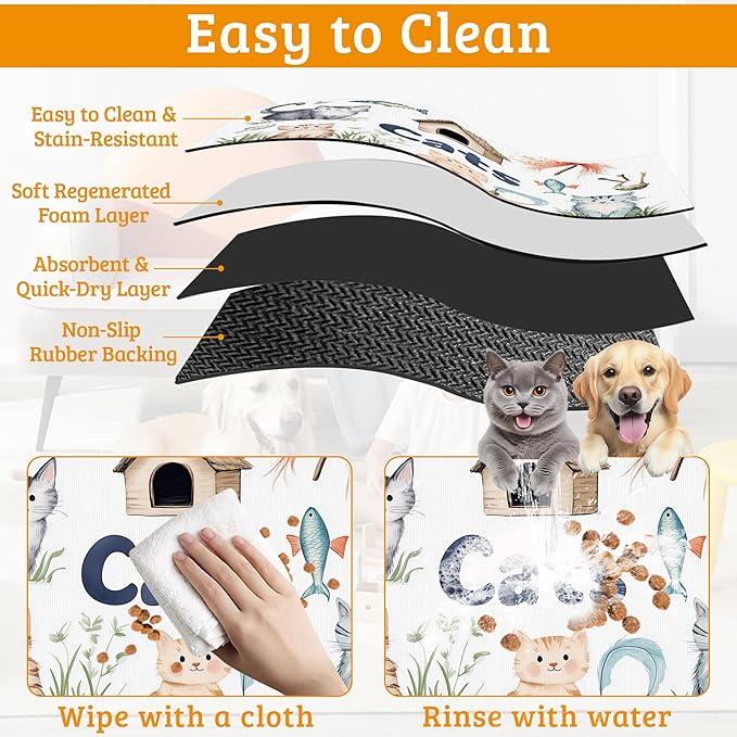 Cats Dog Food Mat,Cute Fun Absorbent Pet Feeding Mat for Food and Water Bowl,Quick Dry Dog Placemat Non Slip Rubber Backing Waterproof Pet Supplies 12" x 20"