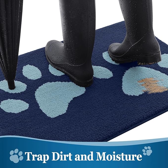 Buganda Dog Door Mat for Muddy Paws, Absorbent Dirt Trapper Washable Indoor Doormats, Non Slip Low-Profile Mud Mat for Dogs, Front Entrance Doormat for Inside Floor (30x20 Inches, Dark Blue)