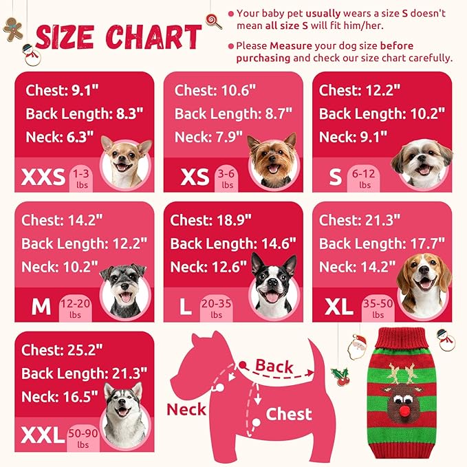 Dog Cat Christmas Sweater Boy Girl Ugly Reindeer Xmas Pet Clothes Holiday Puppy Costume New Year Gifts for Small Medium Large Dogs Outfits (S, Red Green Stripe Reindeer)