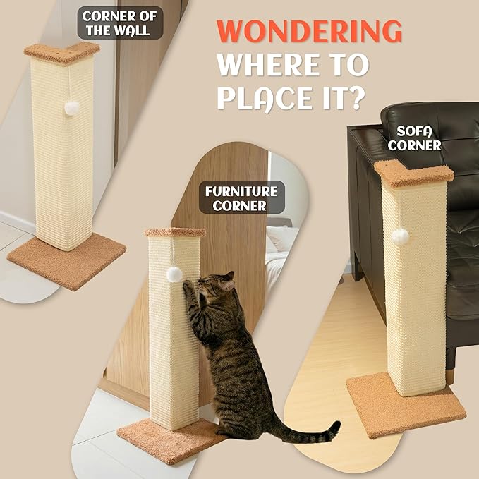 PETKARAY Couch Corner Cat Scratcher, 28.5" Sisal Scratching Post for Indoor Cats, Corner Wall Scratch Pad for Furniture Protection, Plush Base, Large