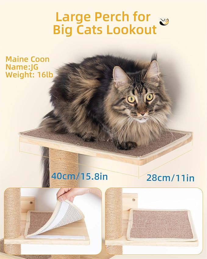 80inch Tall Cat Tree Wall Mount, 15.8in Top Perch Bed for Large Adult Cats, Adjustable Cat Tower Floor to Ceiling for Scratch, Climb, and Lookout