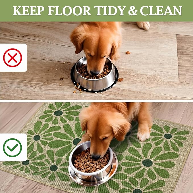 SHIYUE Dog Food Mats for Floors, Absorbent Cat Bowl for Food and Water, Non-Slip Accessories Pet Supplies(17"x30",Green Flower)