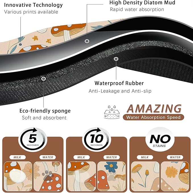 Cute Mushroom Flower Dog Cat Food Mat,Absorbent Pet Feeding Mat with Rubber Backing,Non-Slip Water Bowl Placemat,Indoor Pet Accessories Supplies 16"x24"