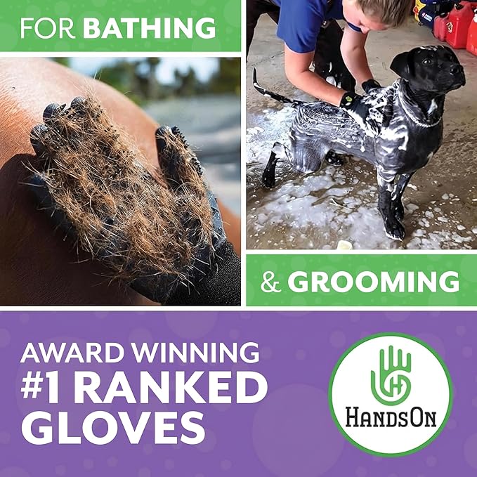 H HandsOn Pet Grooming Gloves - Patented #1 Ranked, Award Winning Shedding, Bathing, & Hair Remover Gloves - Gentle Brush for Cats, Dogs, and Horses (Black, Junior)
