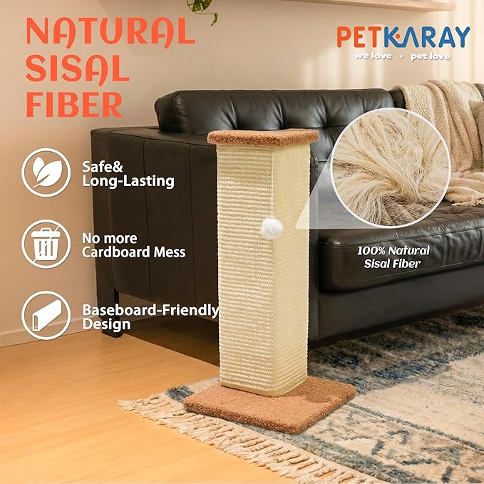 PETKARAY Couch Corner Cat Scratcher, 22.5" Sisal Scratching Post for Indoor Cats, Corner Wall Scratch Pad for Furniture Protection, Plush Base, Medium