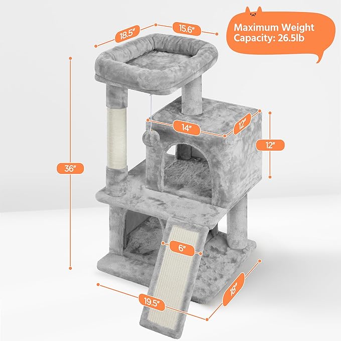 Yaheetech Cat Tree for Indoor Pets, 36in Tower Condo w/Extra Large Perch, Scratching Posts, Board, Dangling Ball, Play Structure for Kittens & Adult Cats, Light Gray