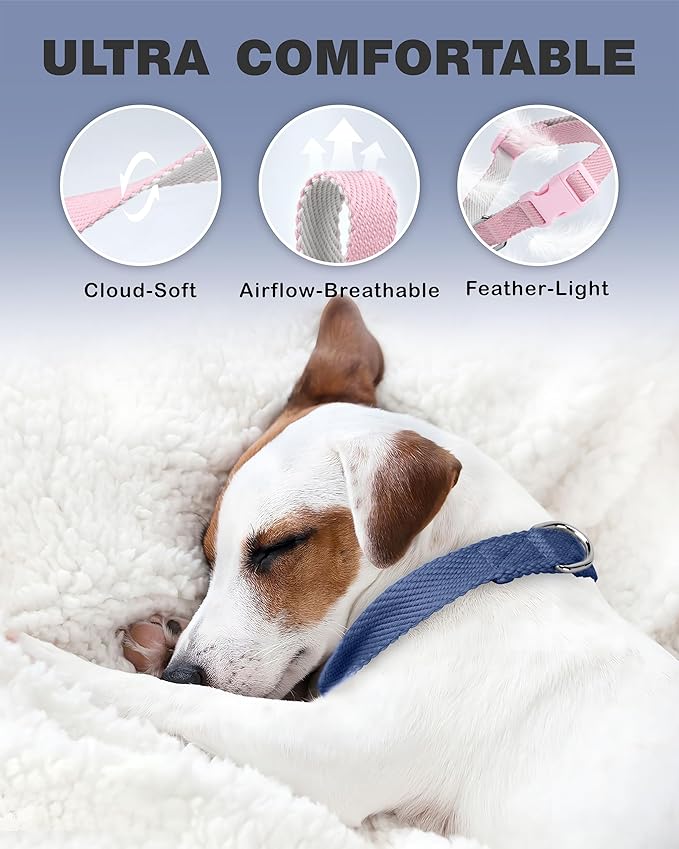 Dynmeow Soft and Breathable Cotton Dog Collar, Durable Adjustable Pet Collar with Quick-Release Buckle, Lightweight for Sensitive Skin for Puppies and Extra-Small Dogs, Navy-Blue, Xs